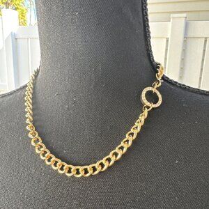 Isaac Mizrahi Gold Tone Necklace Wide Chain CZ Circle Pendant 17" NEW